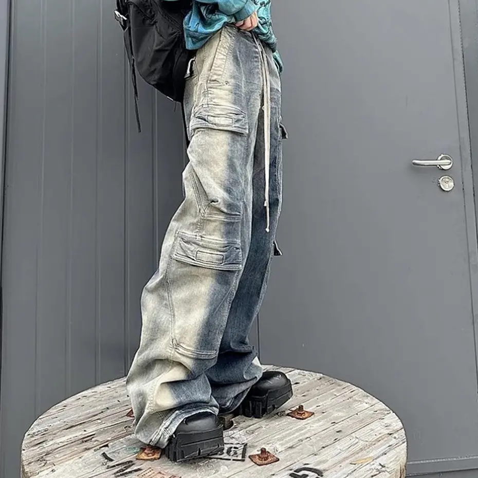 Men Vintage Blue Cargo Jeans Multi Pocket Wide Leg Baggy Denim Pants Luxury Designer Man Loose Casual Jeans Trousers