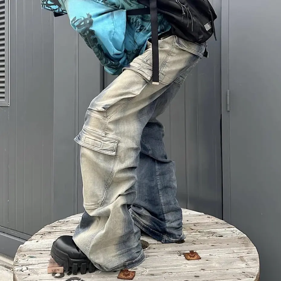 Men Vintage Blue Cargo Jeans Multi Pocket Wide Leg Baggy Denim Pants Luxury Designer Man Loose Casual Jeans Trousers