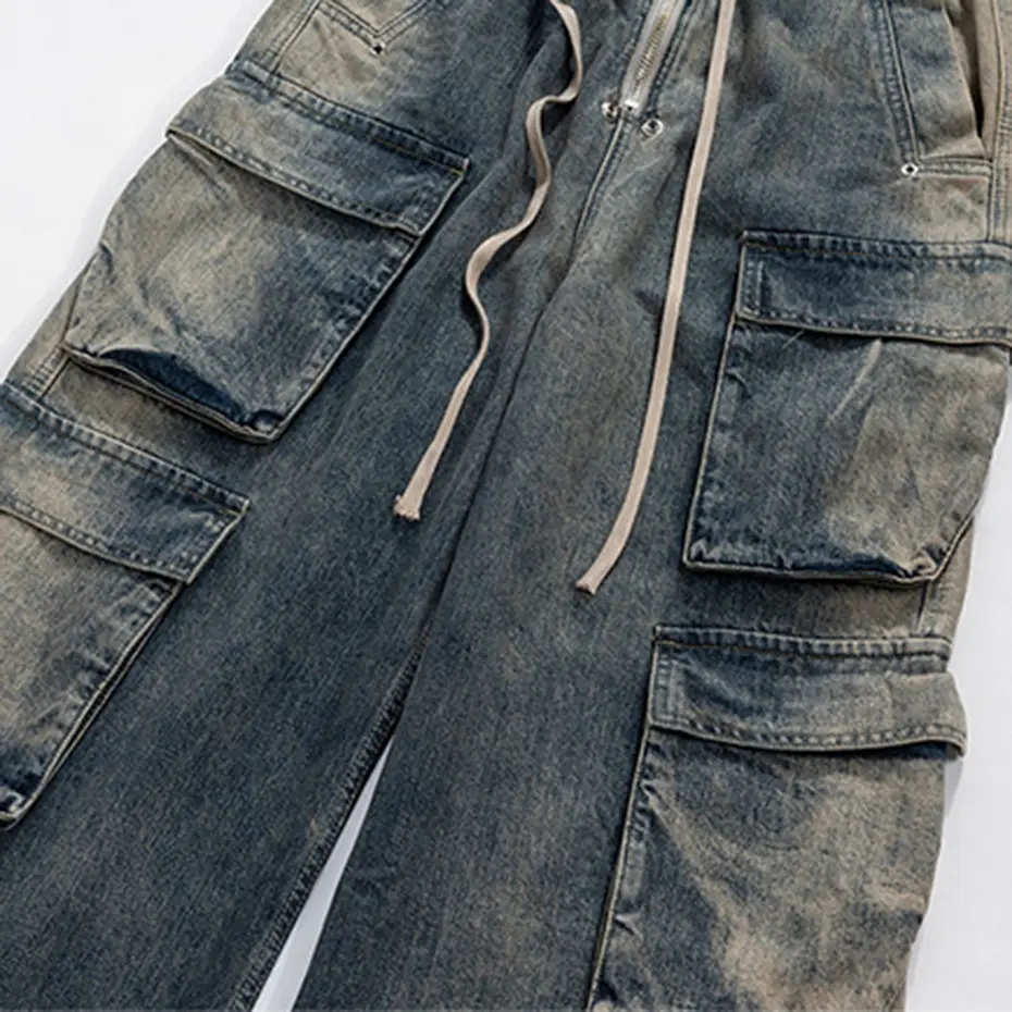 Men Vintage Blue Cargo Jeans Multi Pocket Wide Leg Baggy Denim Pants Luxury Designer Man Loose Casual Jeans Trousers