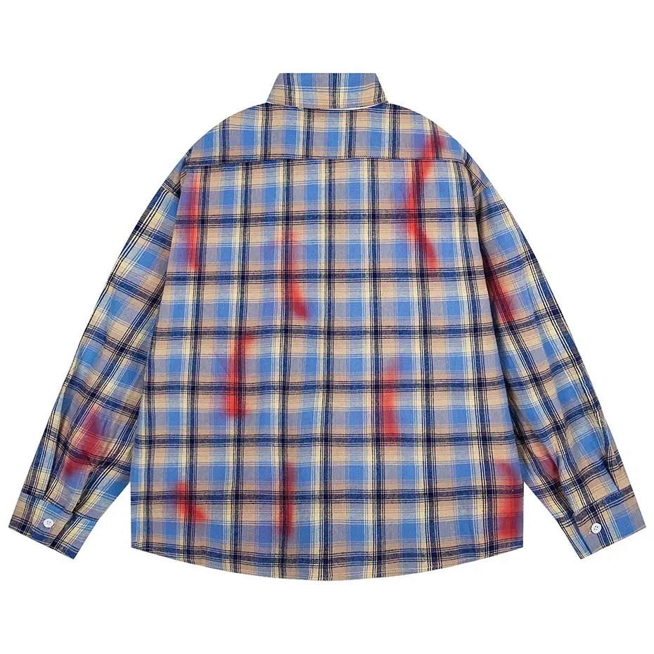 Vintage Plaid Shirts with Necktie Streetwar Harajuku Hip Hop Oversized Shirts Button Up Blouse Casual Loose Varsity Shirts