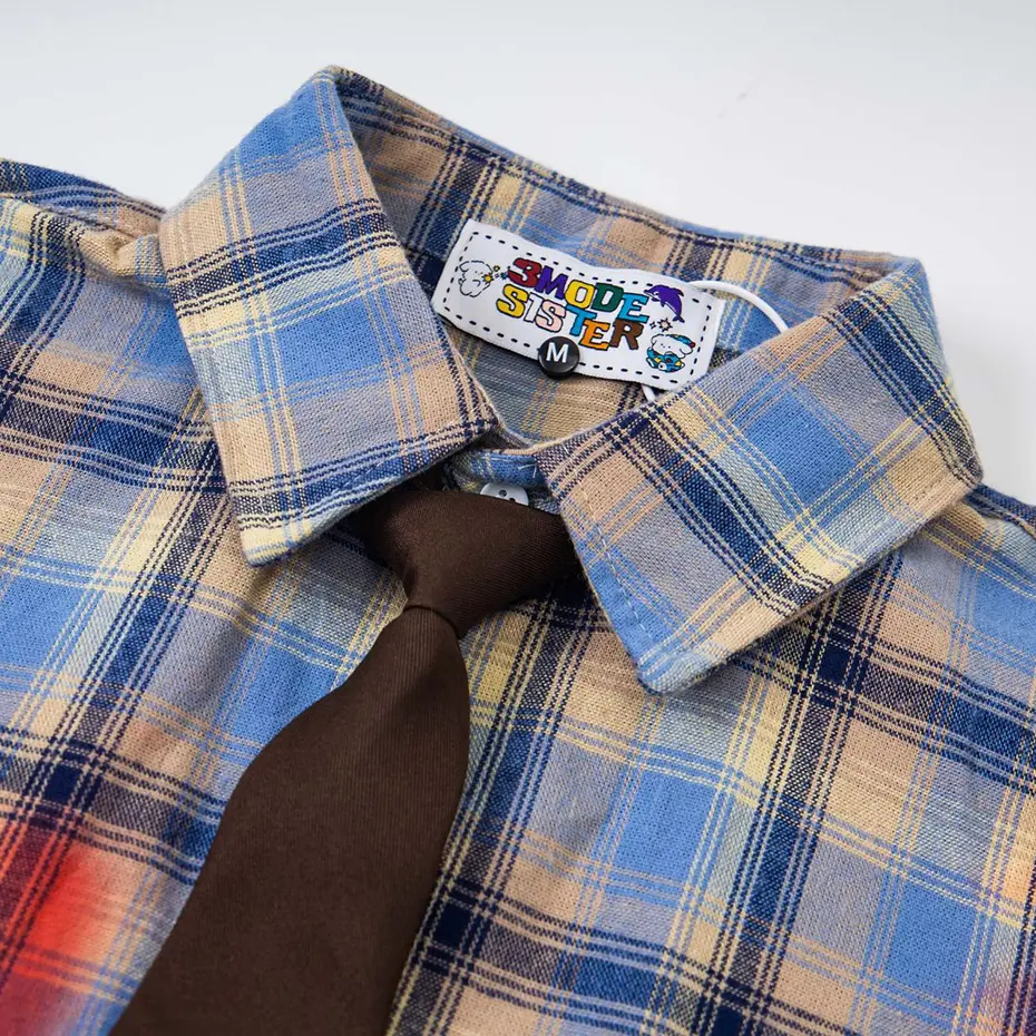 Vintage Plaid Shirts with Necktie Streetwar Harajuku Hip Hop Oversized Shirts Button Up Blouse Casual Loose Varsity Shirts