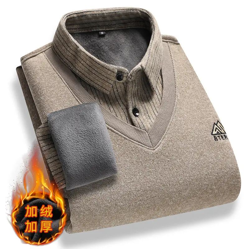 Men Stripe Casual Twinset Shirts Sweaters New Autumn Man Outwear Knitted Pullovers Male Fleece Warm Fake Two Pieces Sweaters 3X