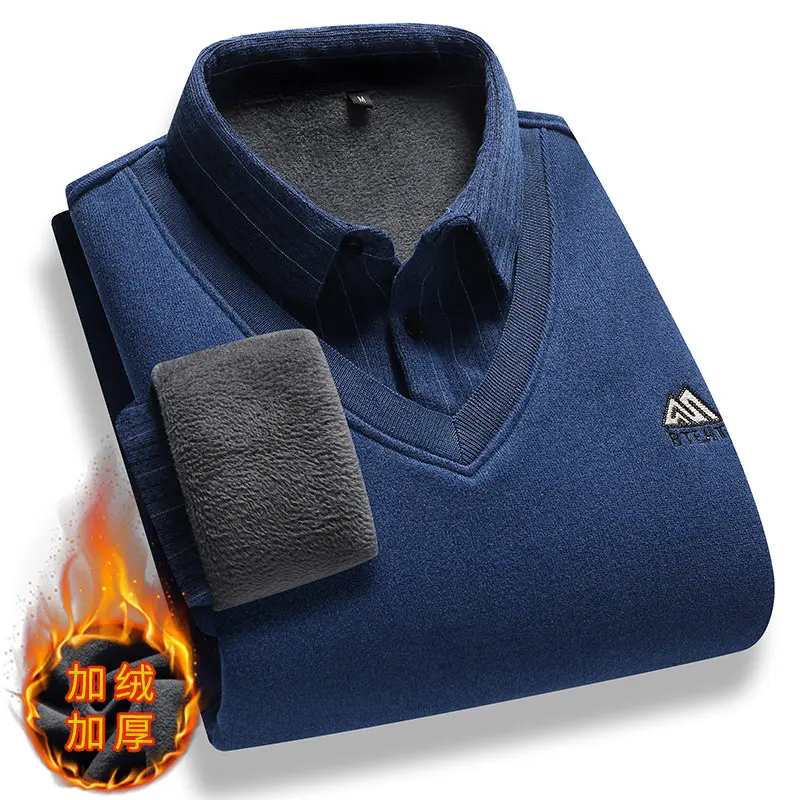 Men Stripe Casual Twinset Shirts Sweaters New Autumn Man Outwear Knitted Pullovers Male Fleece Warm Fake Two Pieces Sweaters 3X