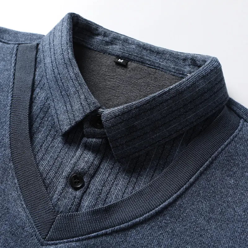 Men Stripe Casual Twinset Shirts Sweaters New Autumn Man Outwear Knitted Pullovers Male Fleece Warm Fake Two Pieces Sweaters 3X