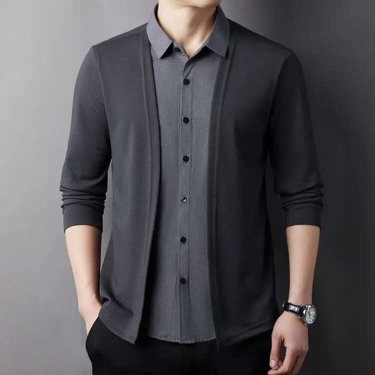 New Spring Autumn Men Twinset Cardigans Shirt Collar Sweaters Male Business Casual Fake Two Pieces Sweaters Cardigans Size 4XL