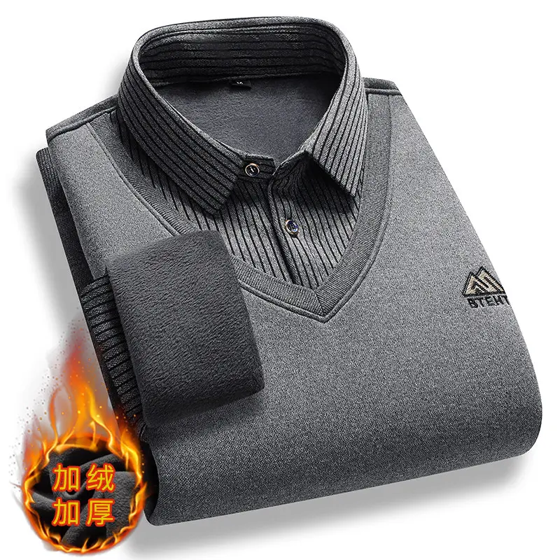 New Autumn Men Stripe Casual Twinset Shirts Sweaters Man Outwear Knitted Pullovers Male Fleece Warm Fake Two Pieces Sweaters 4XL