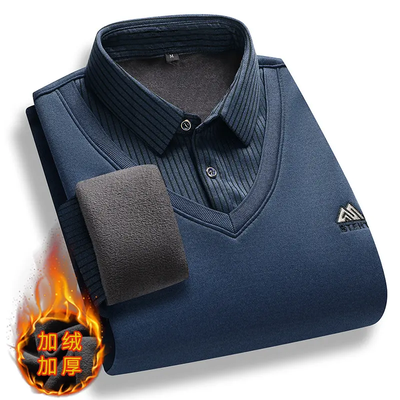New Autumn Men Stripe Casual Twinset Shirts Sweaters Man Outwear Knitted Pullovers Male Fleece Warm Fake Two Pieces Sweaters 4XL