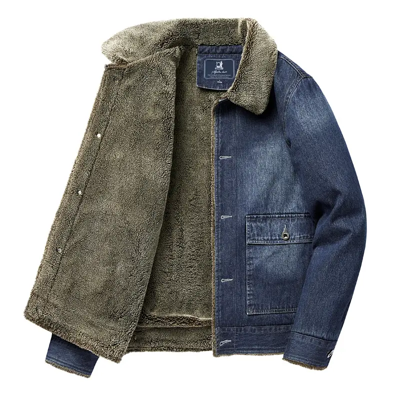 New Winter Men Fleece Warm Denim Jackets Large pockets Cargo Jeans Jackets High Quality Male Light Blue Slim Denim Coats Size 4X