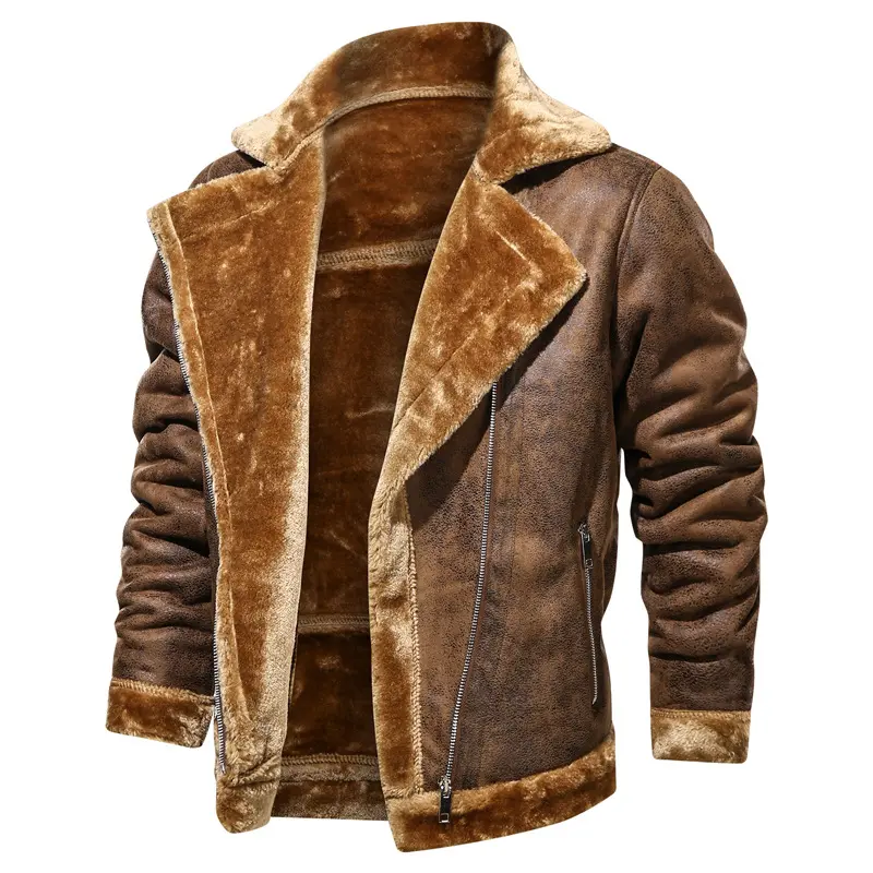 New Fashion Men Diagonal Zipper Leather and Fur Integrated Jackets and Coats Male Fleece Warm Leather Jackets Slim Fit Jaquetas