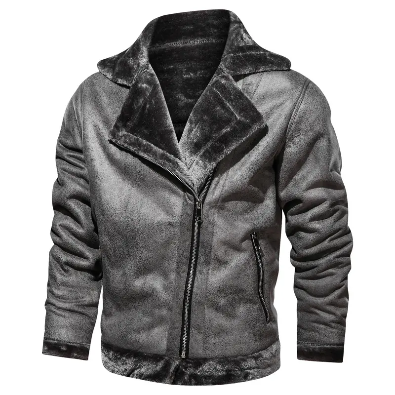 New Fashion Men Diagonal Zipper Leather and Fur Integrated Jackets and Coats Male Fleece Warm Leather Jackets Slim Fit Jaquetas