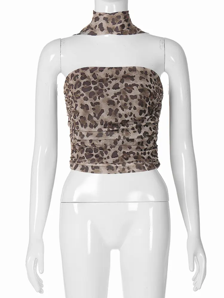 Hugcitar 2025 Fashion Mesh Leopard Print Scarf Strapless Draped Sexy Crop Tank Top Summer Women Y2K Clothes Streetwear Vacation