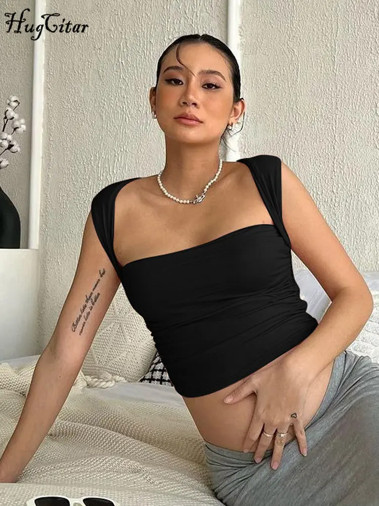 Hugcitar 2024 Solid Square Collar Straps Ruched Sexy Crop Tank Top Summer Women Elegant Cute Y2K Clothes Birthday Party Festival