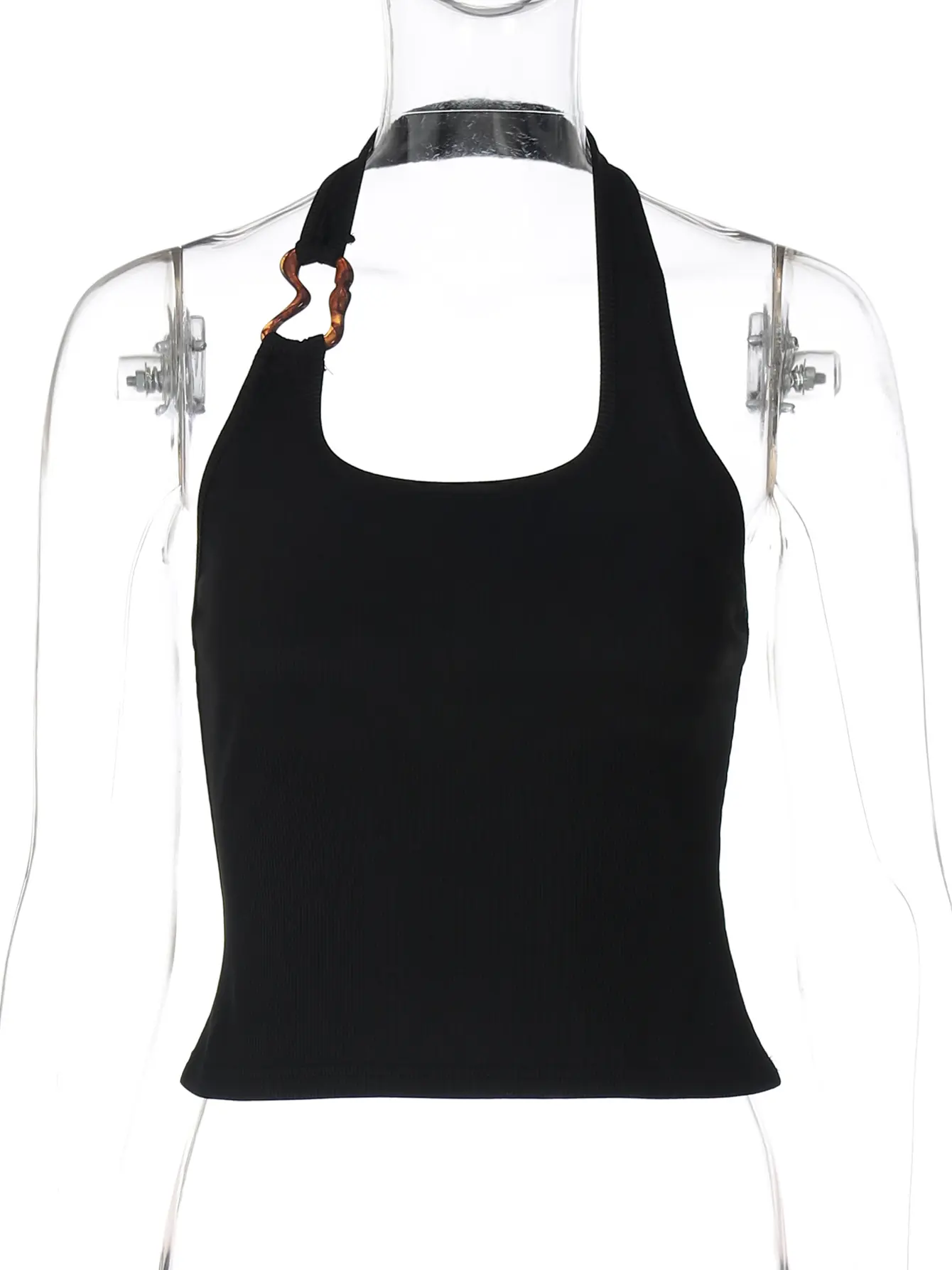 Hugcitar Ribbed Halter Solid Metal Sexy Slim Y2K Crop Tank Top 2025 Summer Women Fashion Clothes Party Vaction Night Club