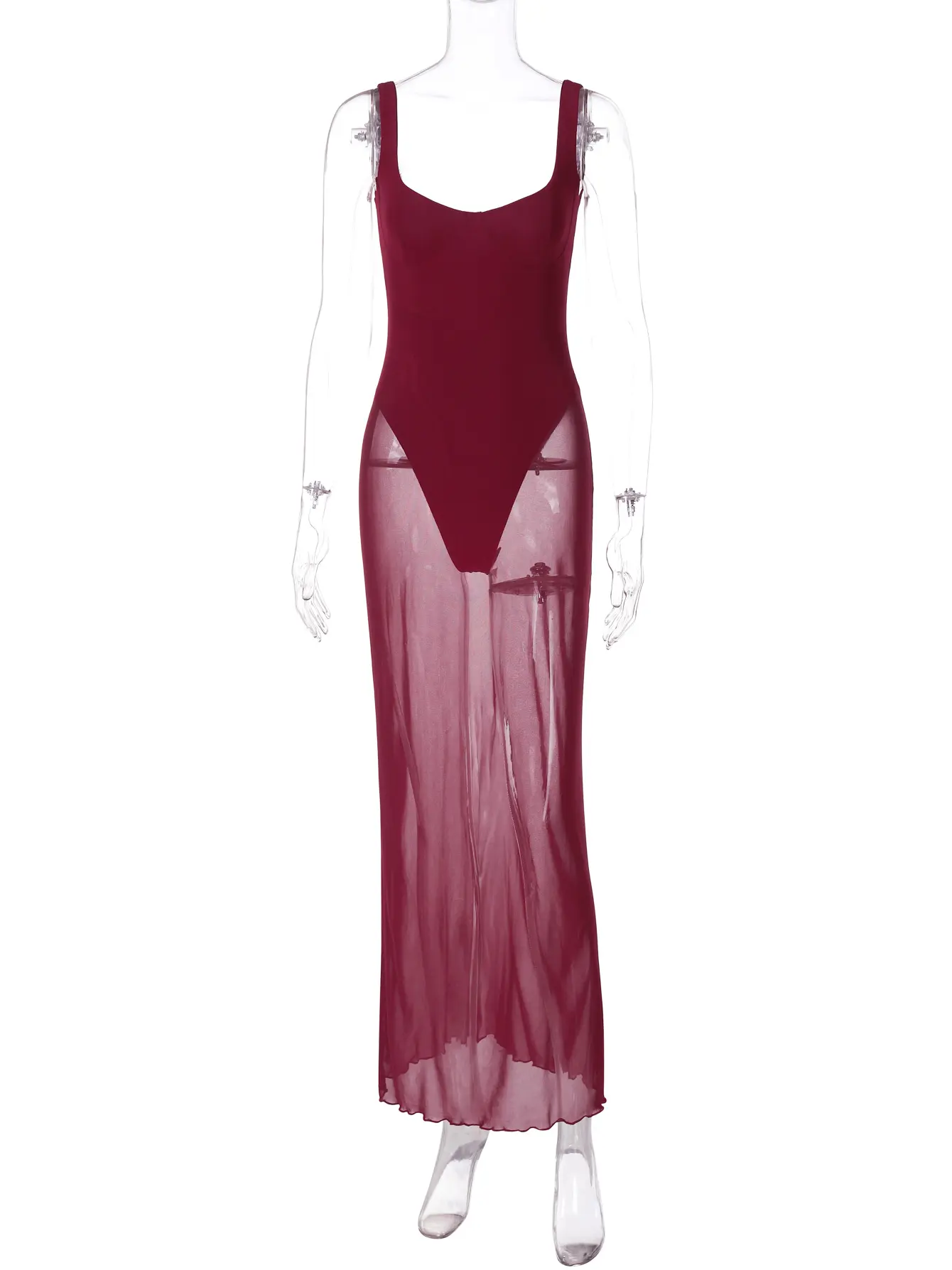 Hugcitar Solid Square Collar Straps Patchwork Mesh Sexy Slim Maxi Dress 2025 Summer Women Fashion Y2K Clothes Party Festival