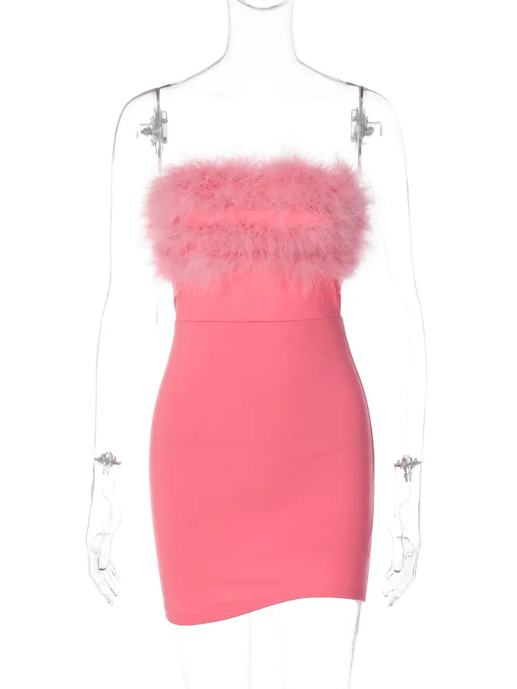 Hugcitar Pink Strapless Backless Feather Sexy Elegant Slim Mini Dress 2024 Spring Women Clothes Birthday Party Outfits Y2K