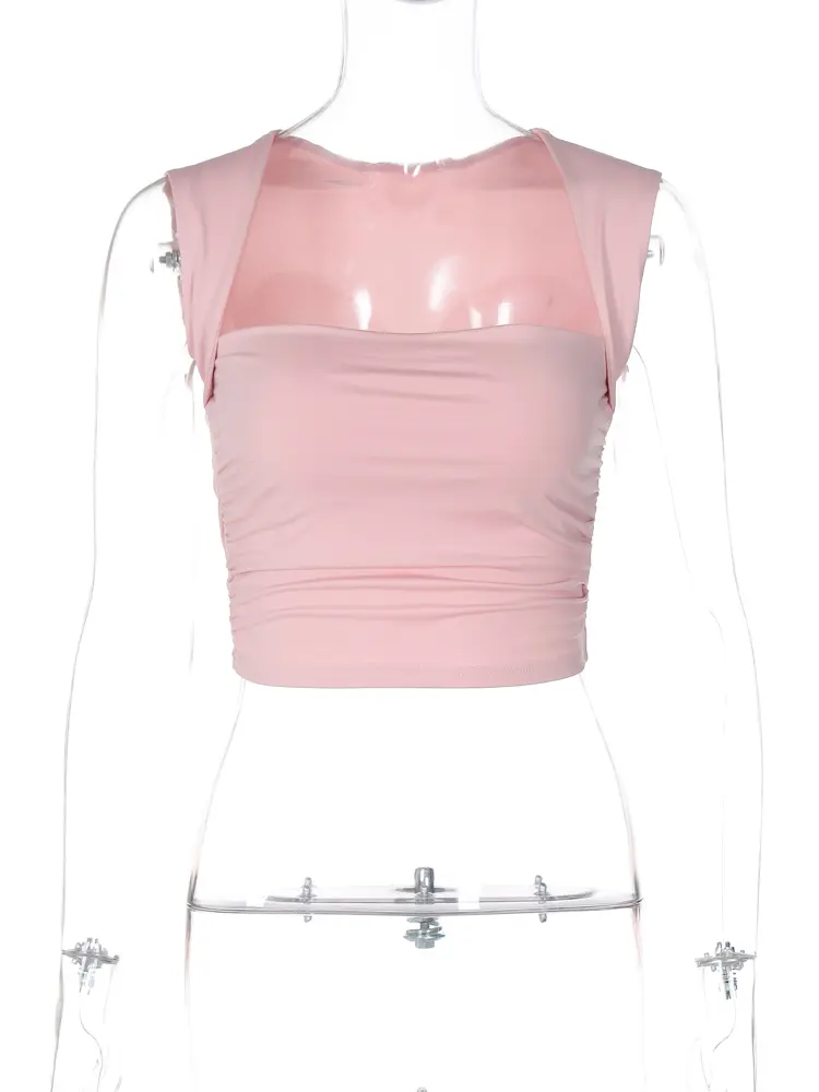 Hugcitar 2024 Solid Square Collar Straps Ruched Sexy Crop Tank Top Summer Women Elegant Cute Y2K Clothes Birthday Party Festival