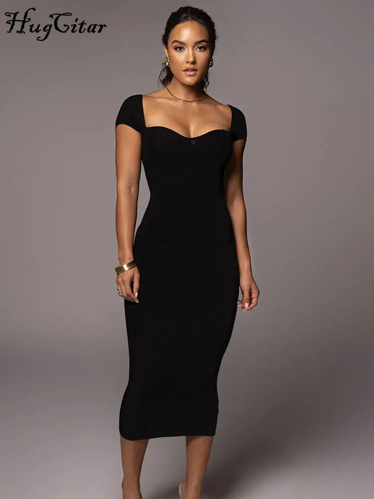 Hugcitar Ribbed Square Collar Short Sleeve Solid Sexy Bodycon Maxi Prom Dress Winter Women Y2K Clothes Evening Party Festival