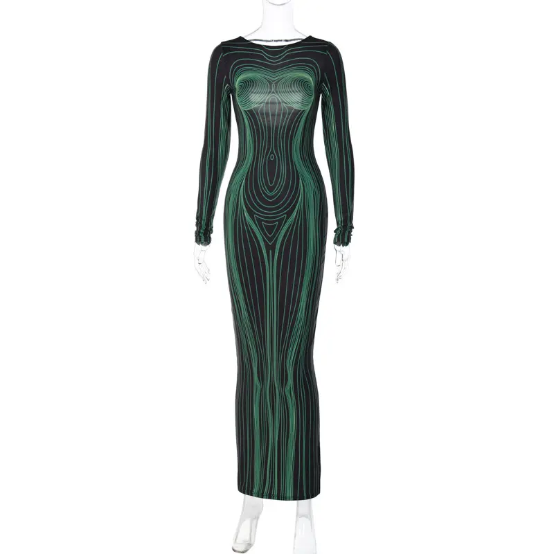 Hugcitar Striped Print Long Sleeve See Through Sexy Bodycon Maxi Dress 2024 Winter Women Y2K Evening Party Festival Clothes