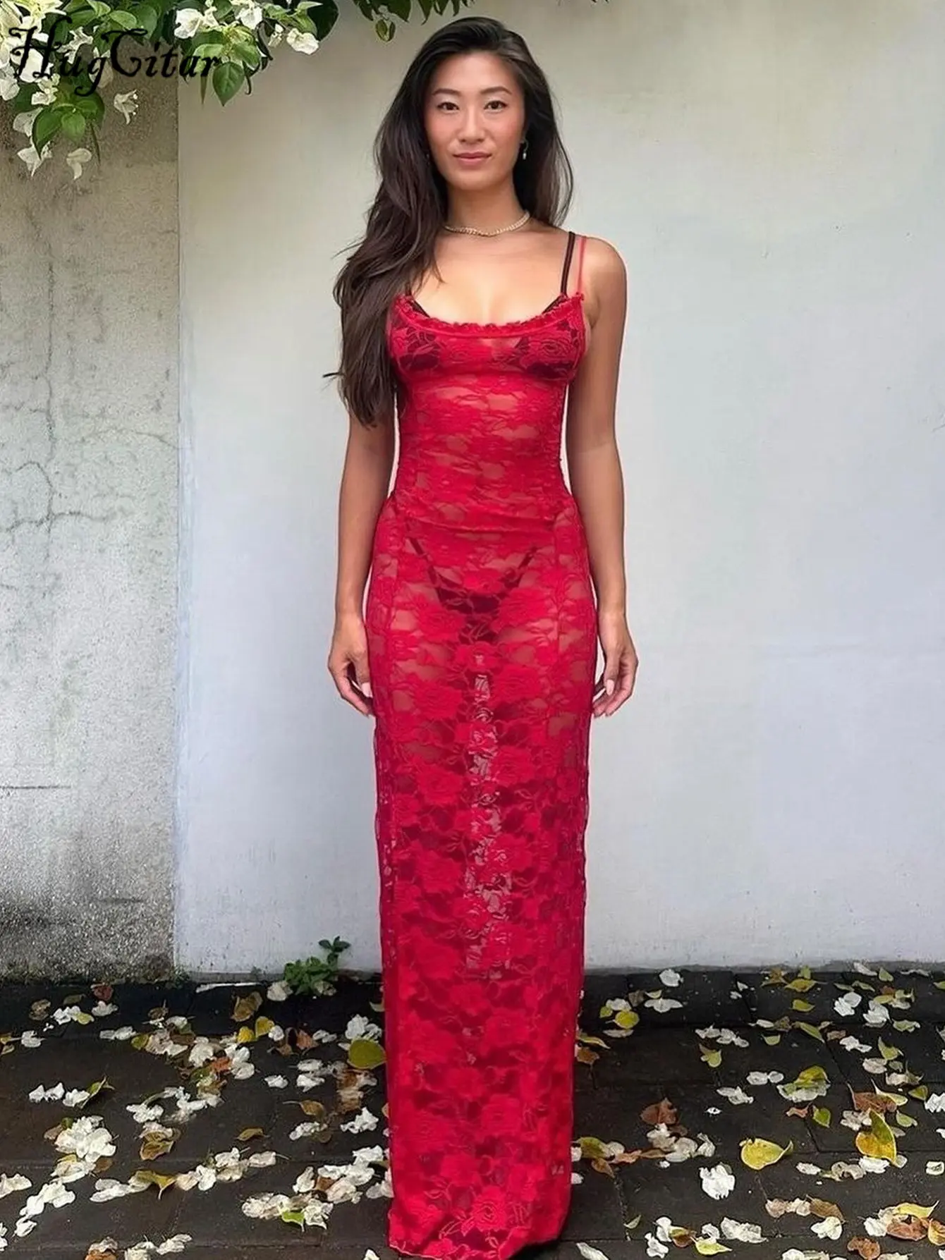 Hugcitar Mesh Pink Slips Floral Print Sexy Bodycon See Through Maxi Dress Women Fashion Clothing Beach Vacation Nightclub Y2K