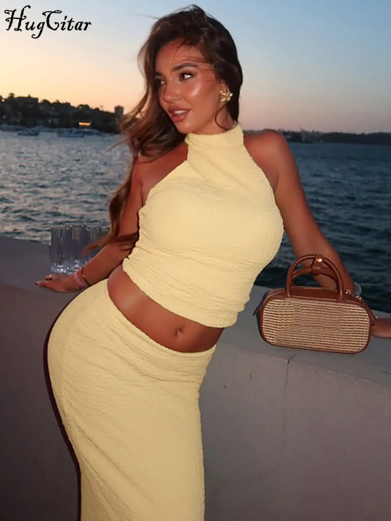 Hugcitar Casual 2 Pcs Sets Halter Solid Backless Bandage Sexy Crop Tank Top Slit Maxi Skirt Summer Women Festival Clothes Party