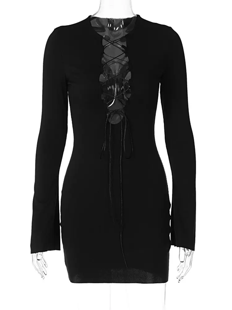 Hugcitar Ribbed Solid Long Flare Sleeves Hollow Out Bodycon Mini Prom Dress 2023 Fall Elegant Sexy Night Party Club Y2K Clothes