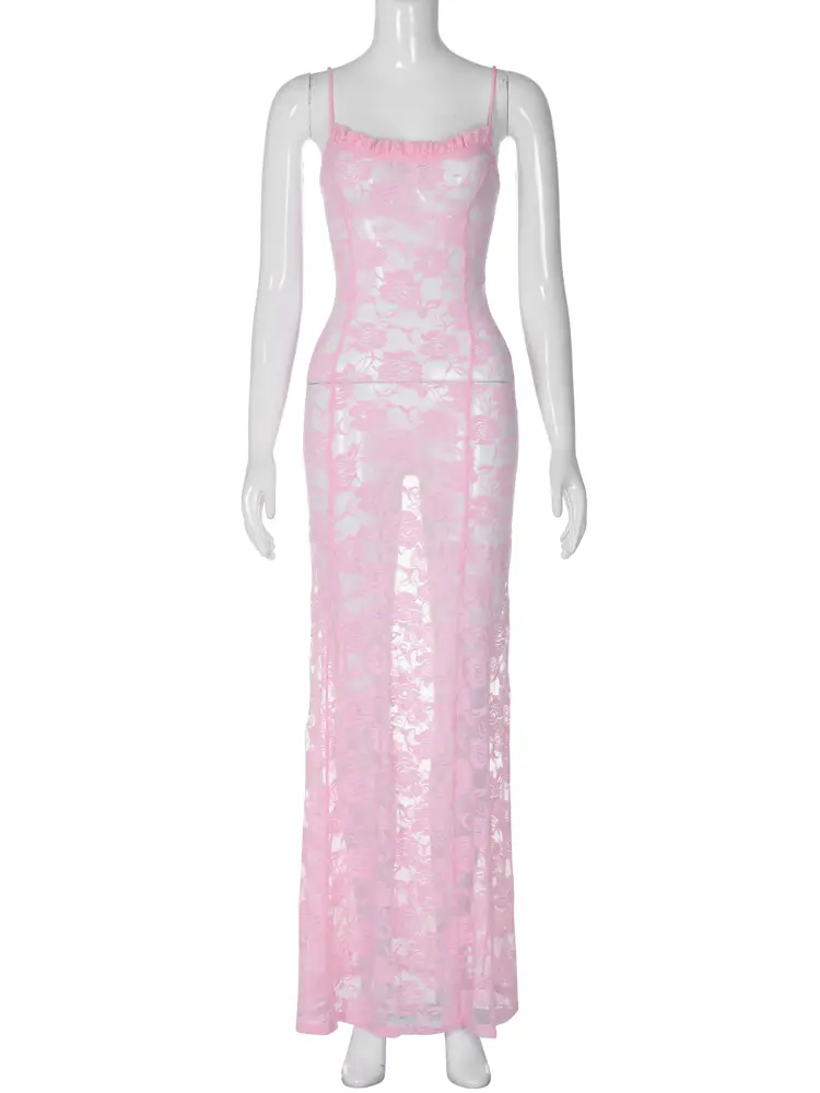 Hugcitar Mesh Pink Slips Floral Print Sexy Bodycon See Through Maxi Dress Women Fashion Clothing Beach Vacation Nightclub Y2K