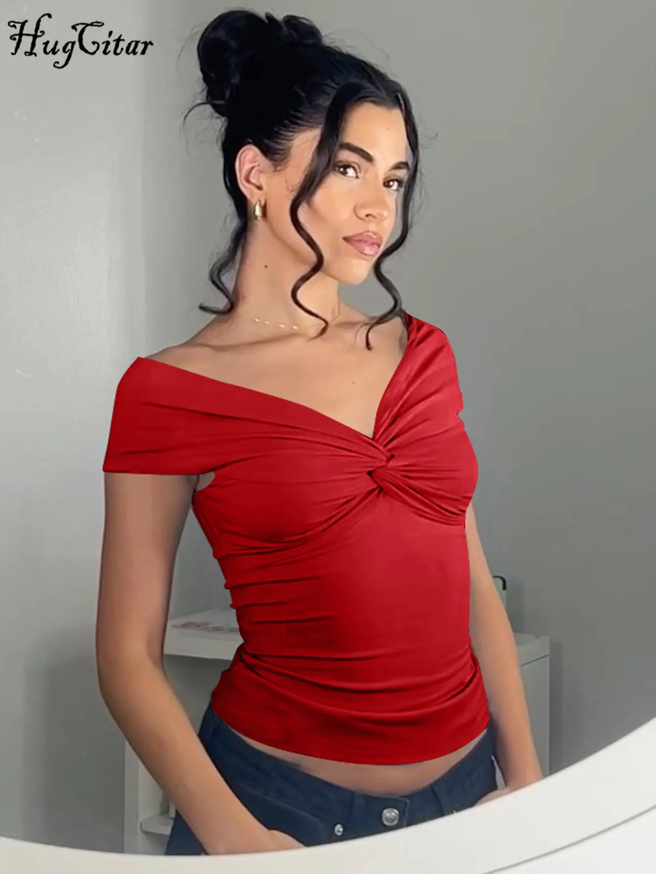 Hugcitar 2025 Slash Neck Solid Short Sleeve Ruched Sexy Slim Crop Top Summer Women Elegant Y2K Outfits Birthday Party Festival