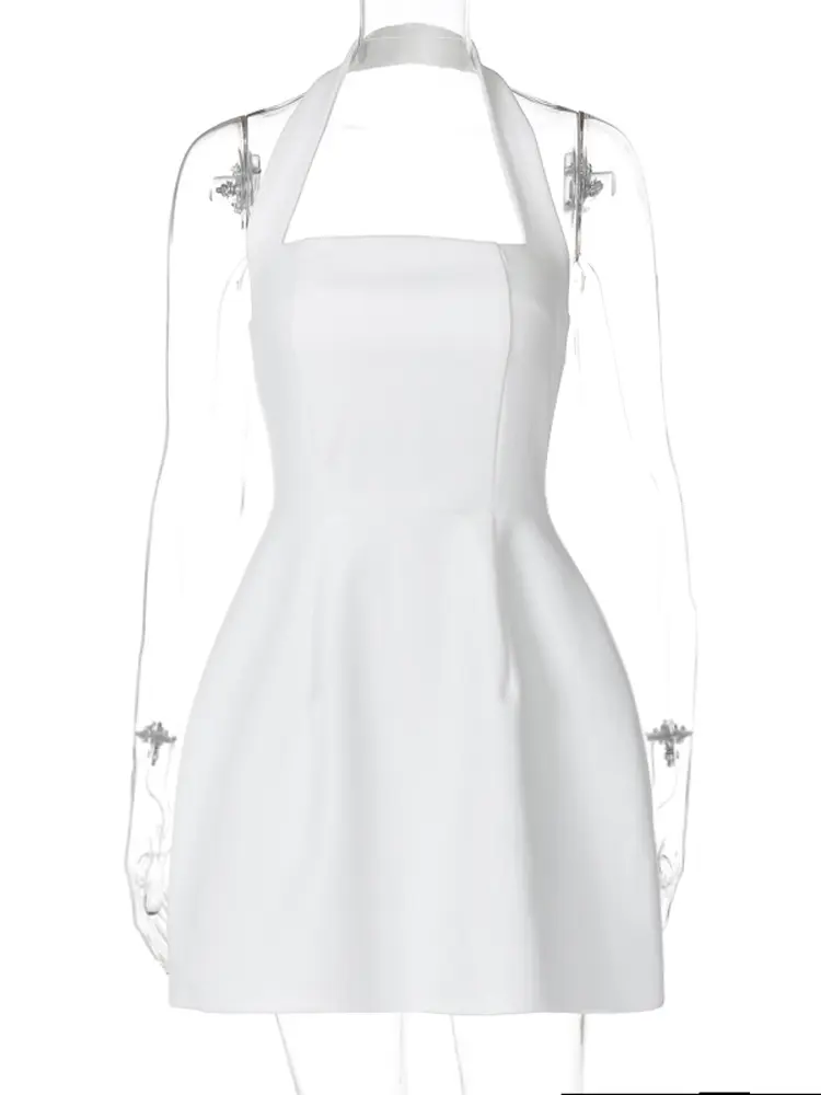 Hugcitar 2024 Elegant Solid Halter Backless Zip Up Sexy Bodycon Mini Prom Dress Summer Women Y2K Outfits Birthday Party Vacation