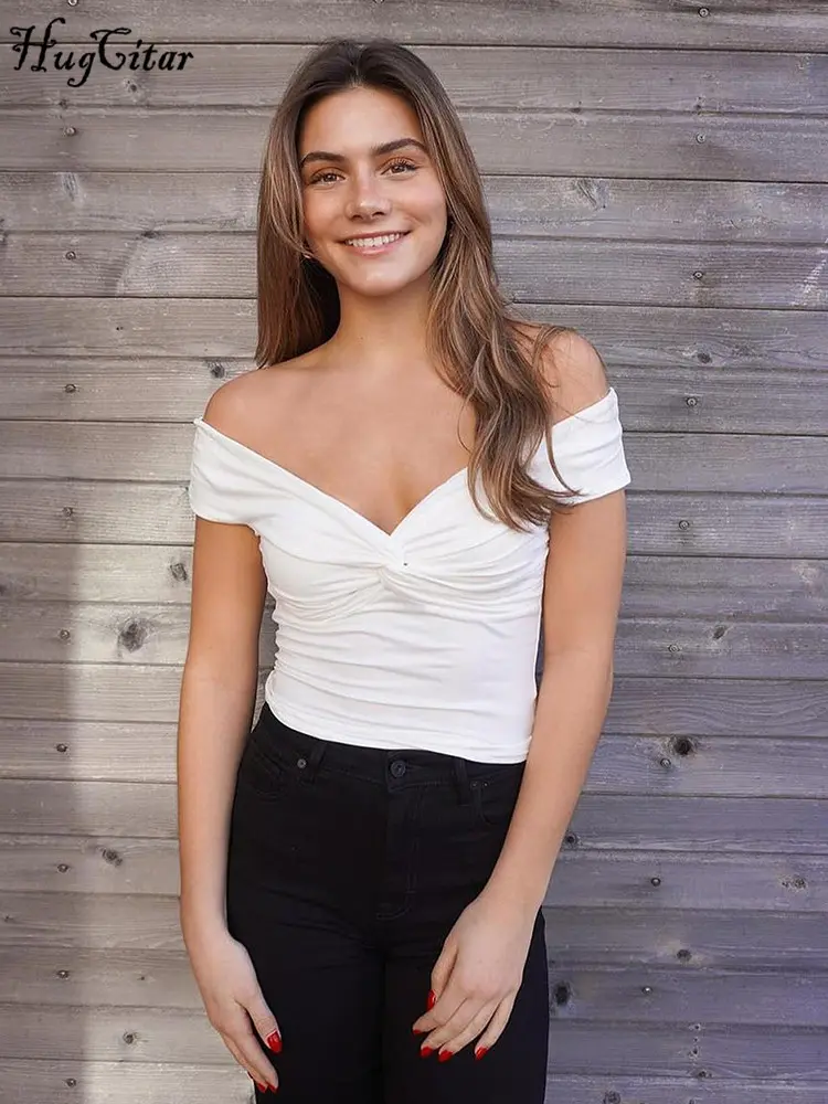 Hugcitar 2025 Slash Neck Solid Short Sleeve Ruched Sexy Slim Crop Top Summer Women Elegant Y2K Outfits Birthday Party Festival