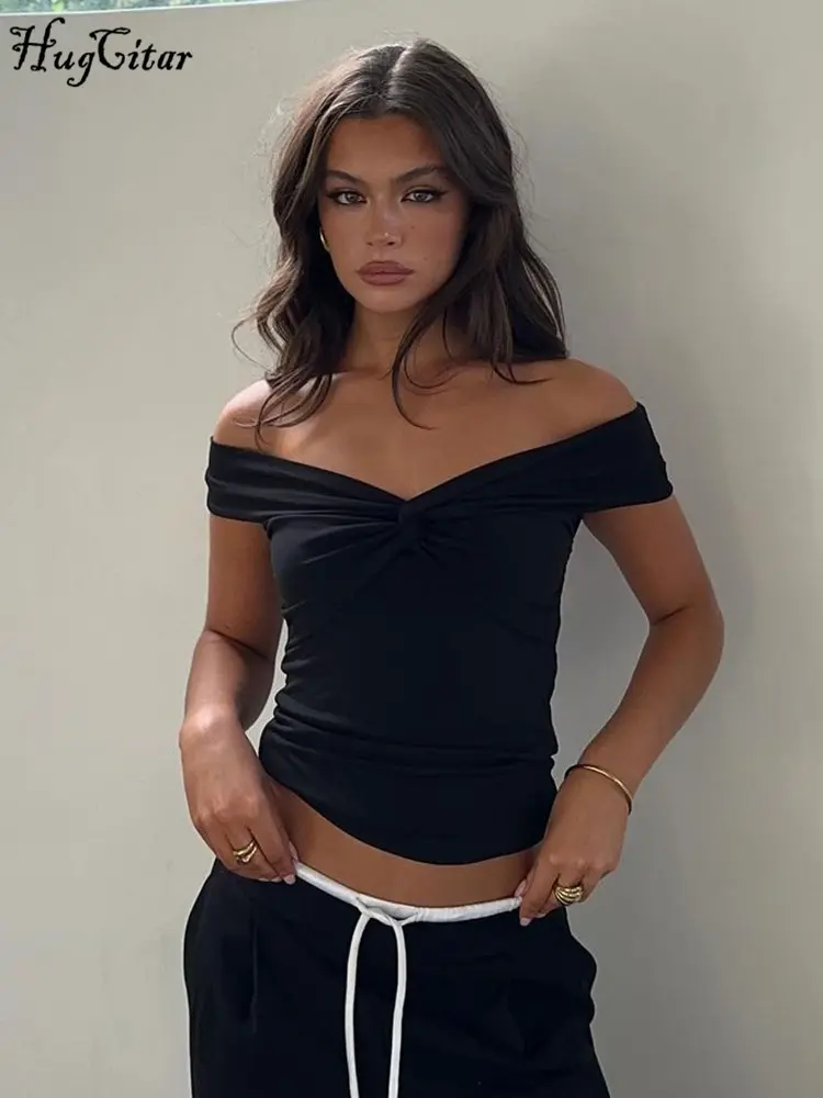 Hugcitar 2025 Slash Neck Solid Short Sleeve Ruched Sexy Slim Crop Top Summer Women Elegant Y2K Outfits Birthday Party Festival