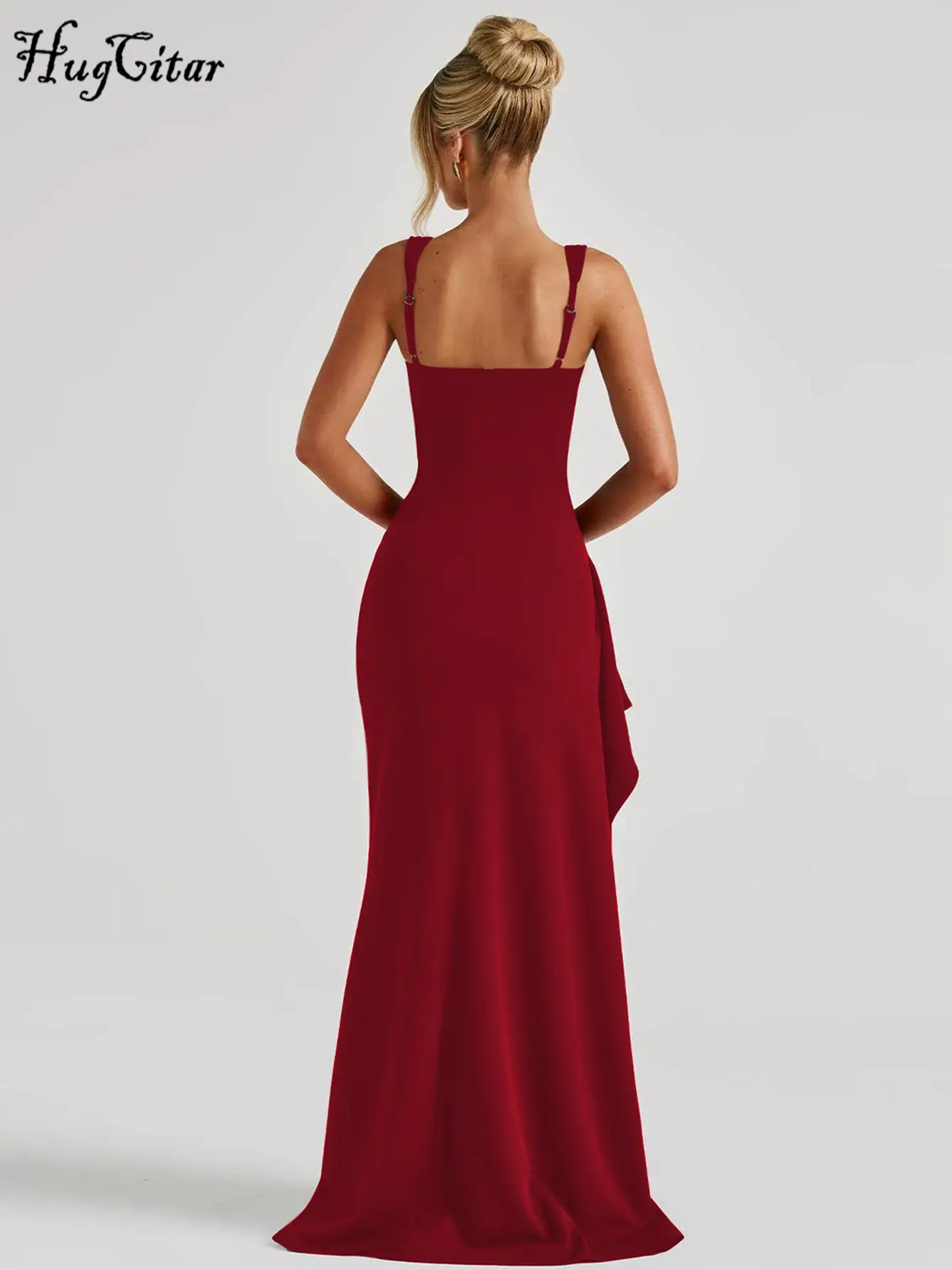 Hugcitar Solid Straps Slit Ruched Patchwork Sexy Bodycon Maxi Dress 2025 Summer Women Elegant Outfits Evening Party Festival