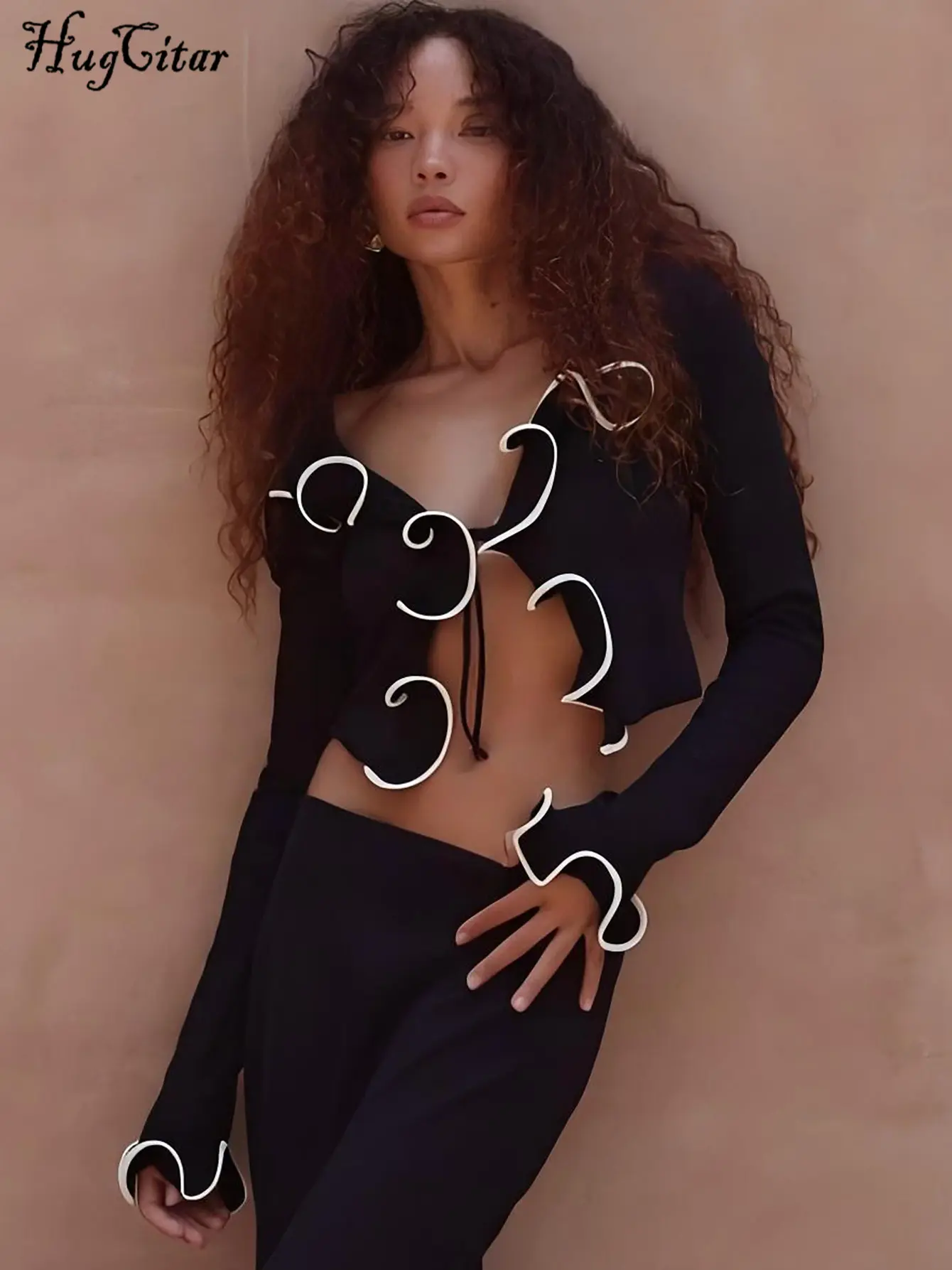 Hugcitar Long Sleeve Matching Color Ruffles Bandage Sexy Slim Crop T-Shirt Top Blouse Autumn Women Clothes Streetwear Festival