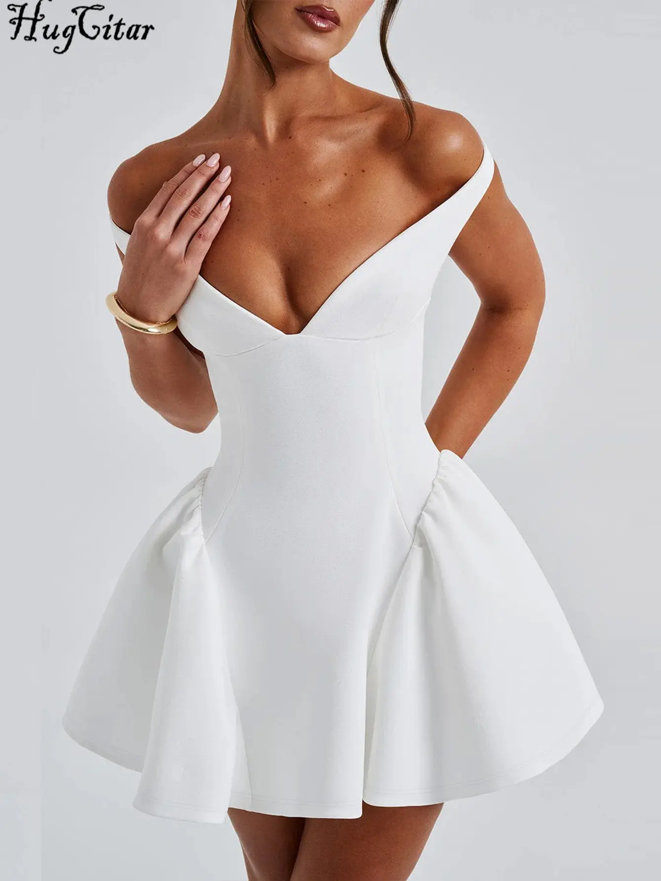 Hugcitar Elegant Solid Slash Neck Sleeveless Slip Draped Sexy Bodycon Mini Prom Dress Women Cute Clothes Evening Party Festival