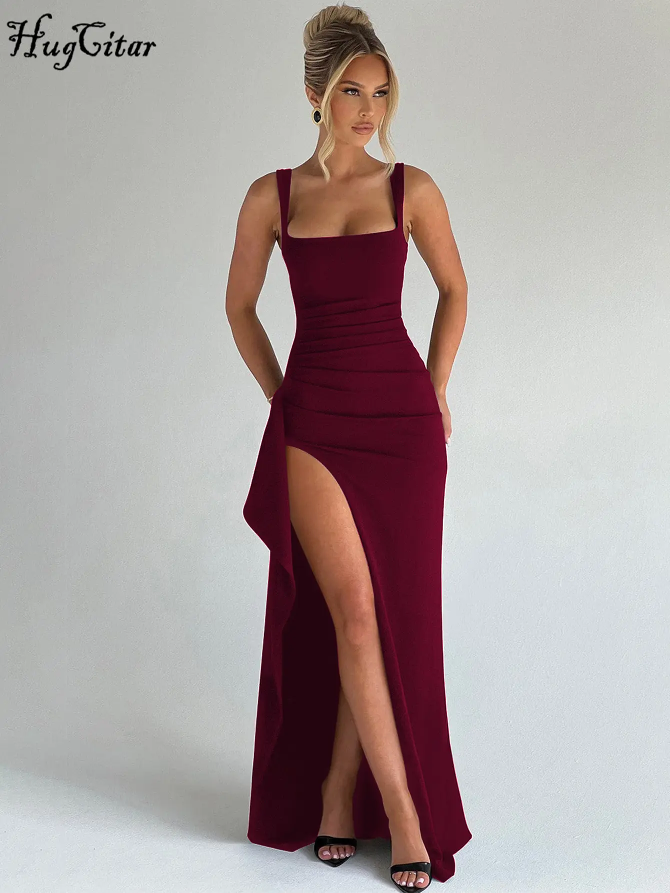 Hugcitar Solid Straps Slit Ruched Patchwork Sexy Bodycon Maxi Dress 2025 Summer Women Elegant Outfits Evening Party Festival