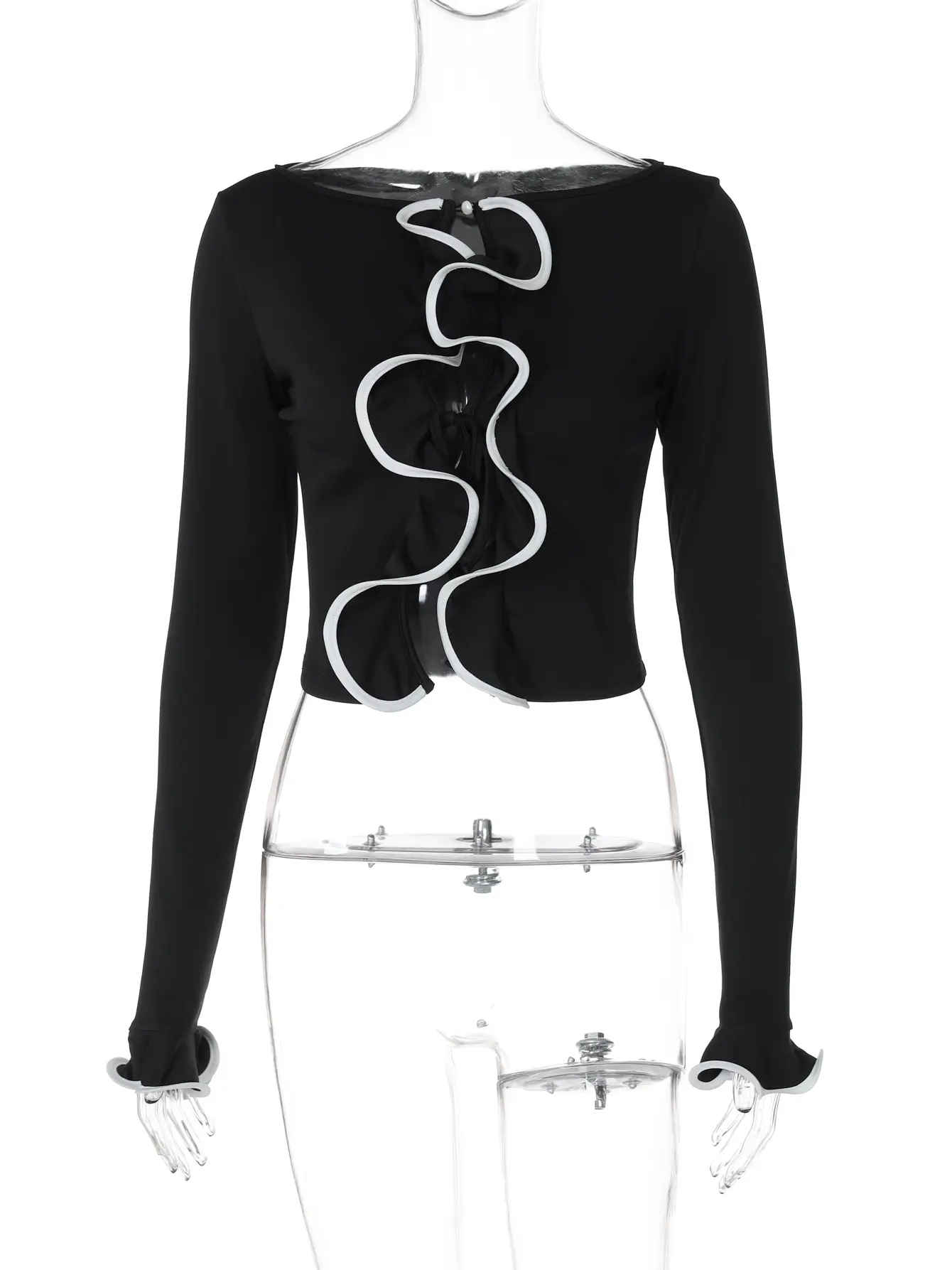 Hugcitar Long Sleeve Matching Color Ruffles Bandage Sexy Slim Crop T-Shirt Top Blouse Autumn Women Clothes Streetwear Festival
