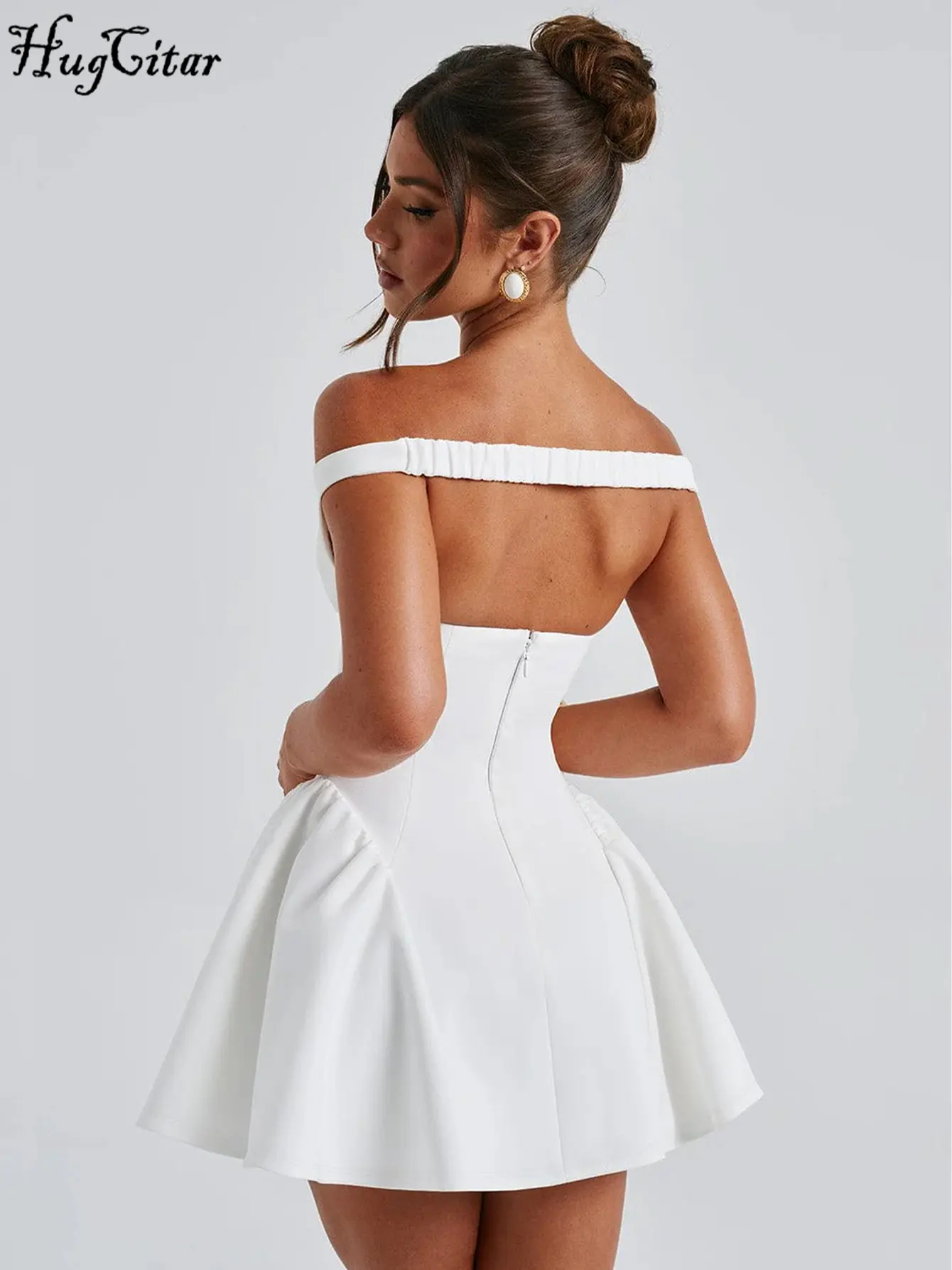 Hugcitar Elegant Solid Slash Neck Sleeveless Slip Draped Sexy Bodycon Mini Prom Dress Women Cute Clothes Evening Party Festival