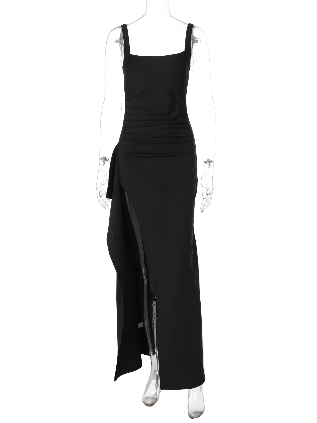Hugcitar Solid Straps Slit Ruched Patchwork Sexy Bodycon Maxi Dress 2025 Summer Women Elegant Outfits Evening Party Festival