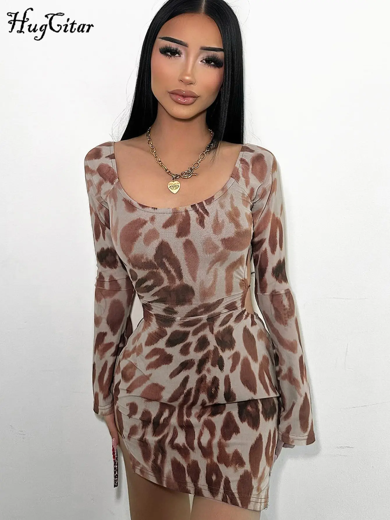 Hugcitar Women'S Fashion Leopard Print Long Sleeve Backless Belts Sexy Slim Mini Dress Spring Y2K Clothes Eveing Party Club