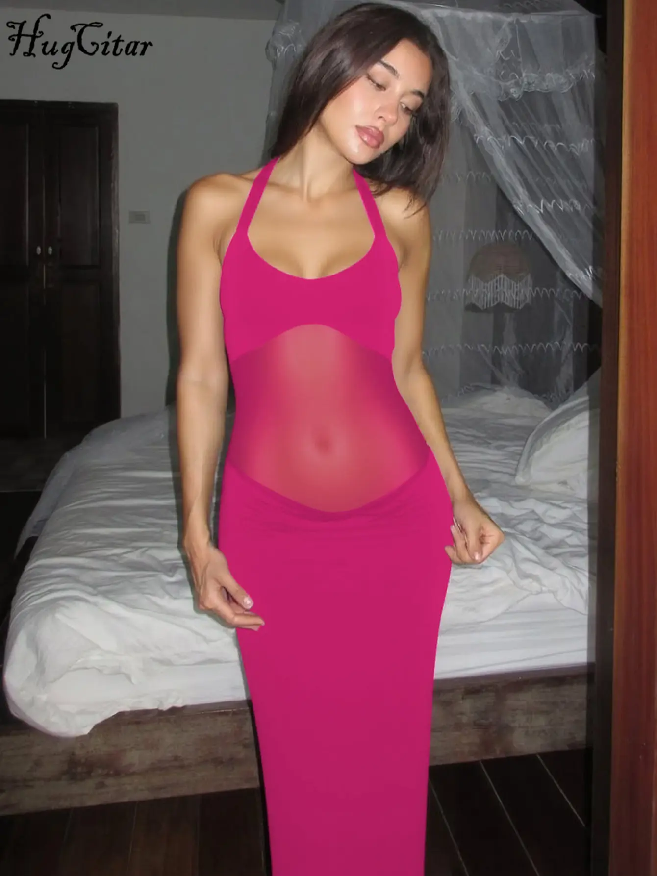 Hugcitar Fashion Halter Backless Bandage   Ruched Patchwork Lace Sexy Maxi Dress See Through Women Clothes Beach Vacation