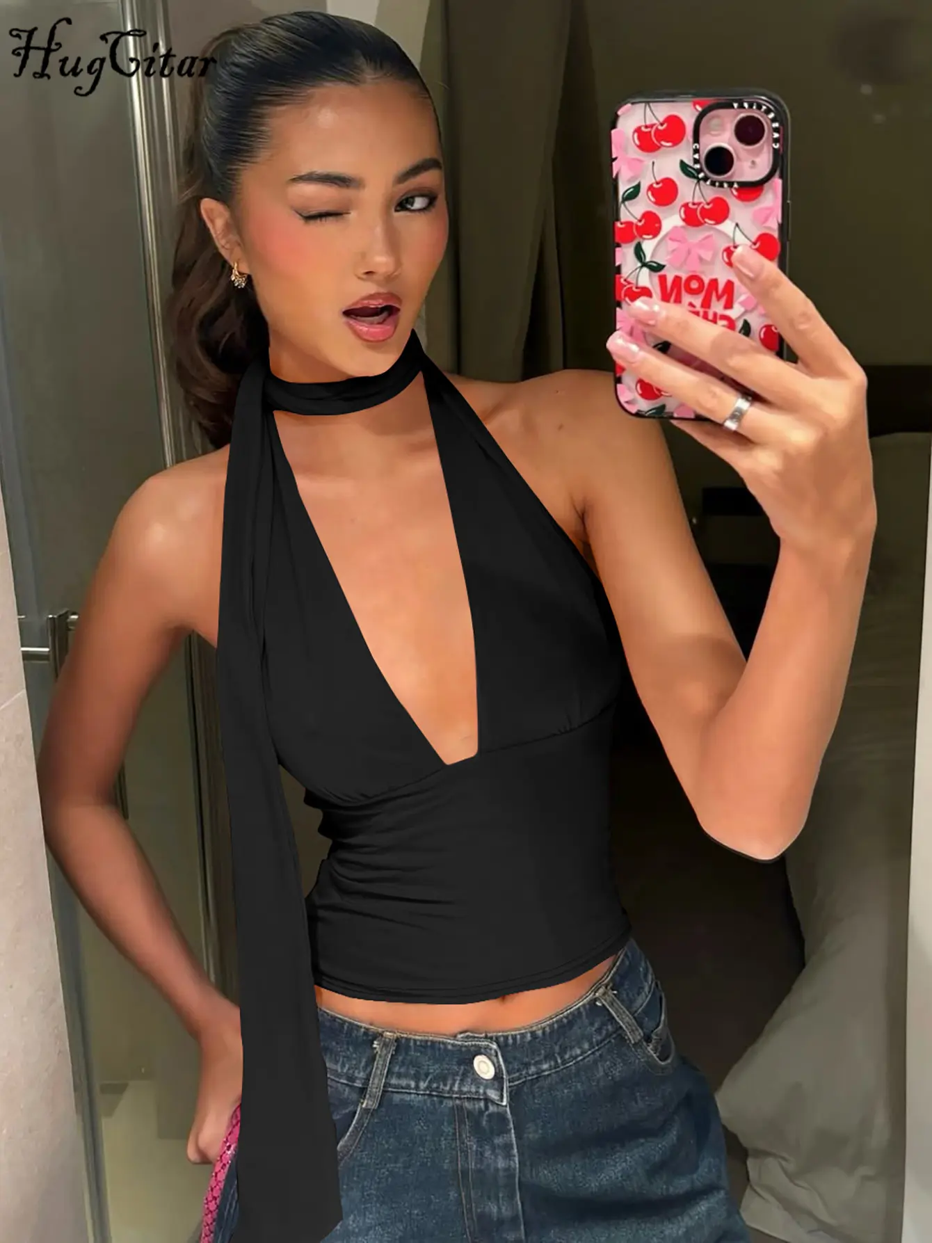 Hugcitar Fashion Halter Solid Deep V Neck Sexy Slim Crop Tank Top Summer Casual Outfits Streetwear Party Vacation Dropshipping