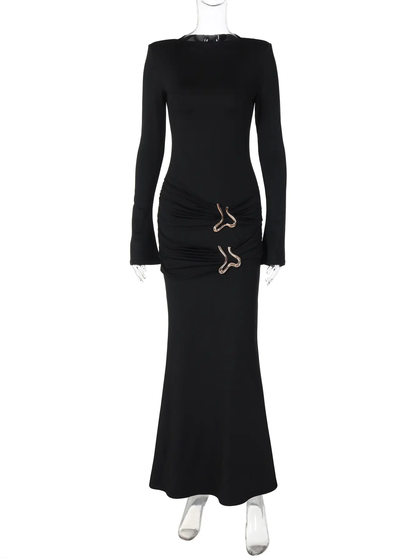 Hugcitar Fashion Black Long Sleeve Draped Patchwork Ruched Sexy Bodycon Maxi Dress 2024 Fall Women Y2K Outfits Party Vacation
