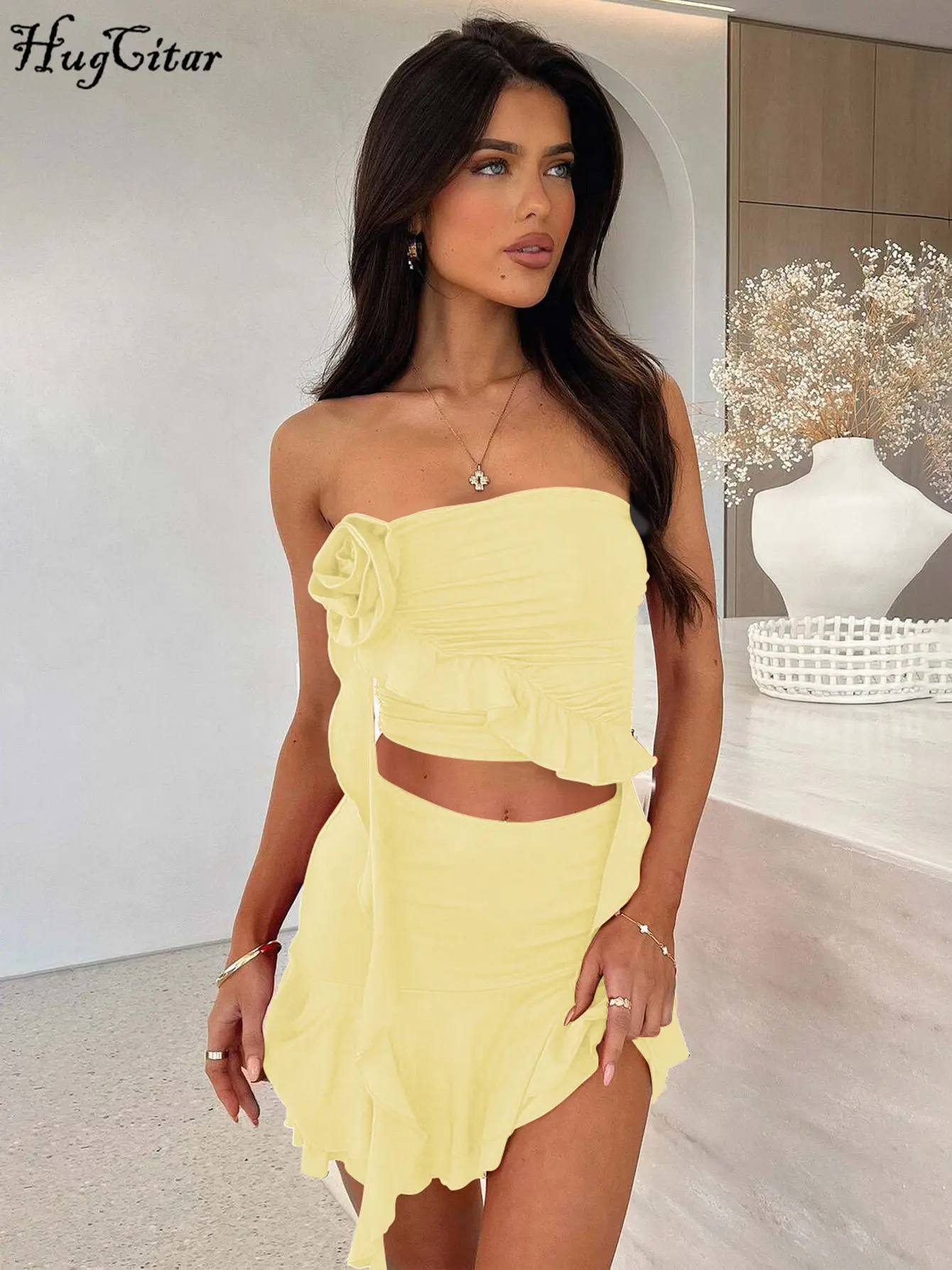 Hugcitar Elegant 2 Pcs Sets Solid Tie Flower Ruffles Sexy Crop Tank Top Pleated Skirt Cute Summer Women Clothes Streetwear Party