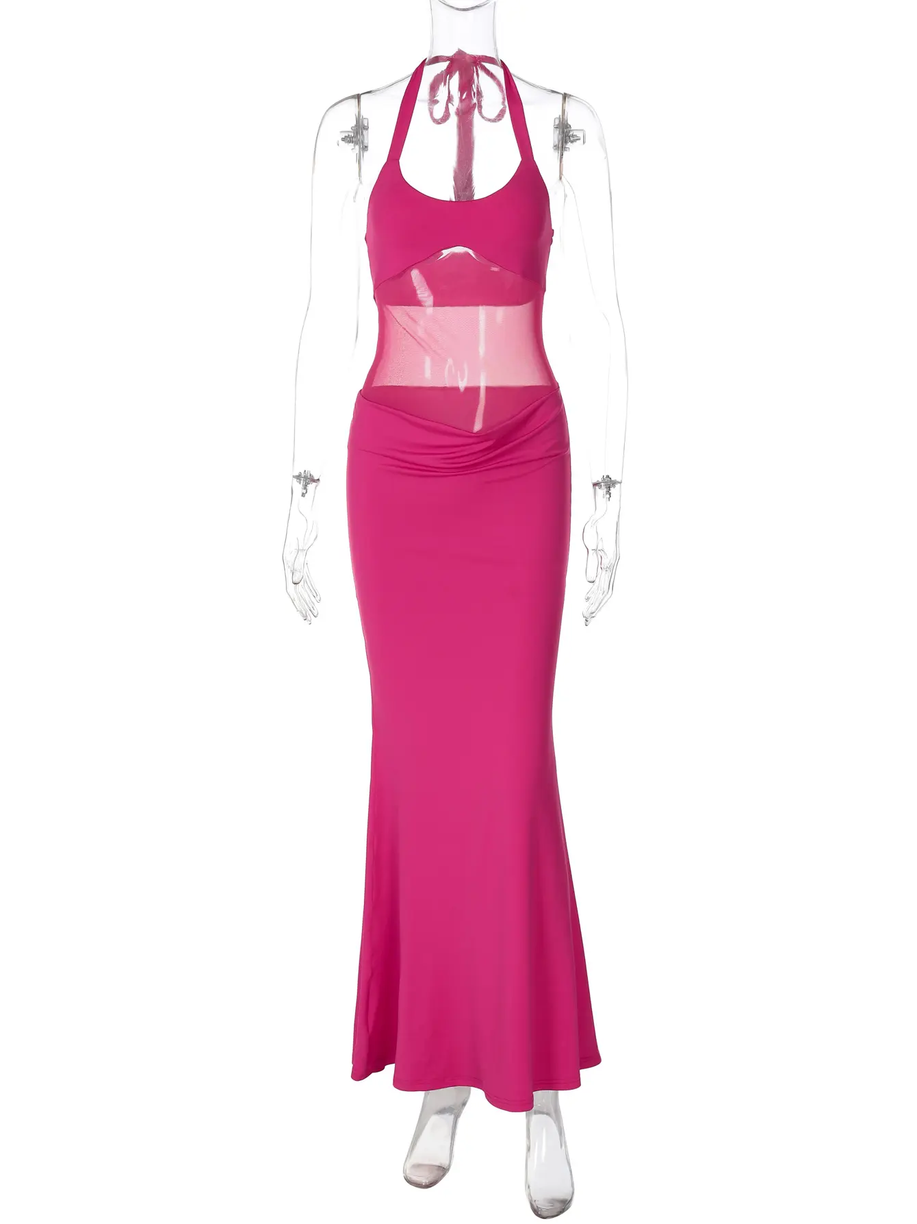 Hugcitar Fashion Halter Backless Bandage   Ruched Patchwork Lace Sexy Maxi Dress See Through Women Clothes Beach Vacation