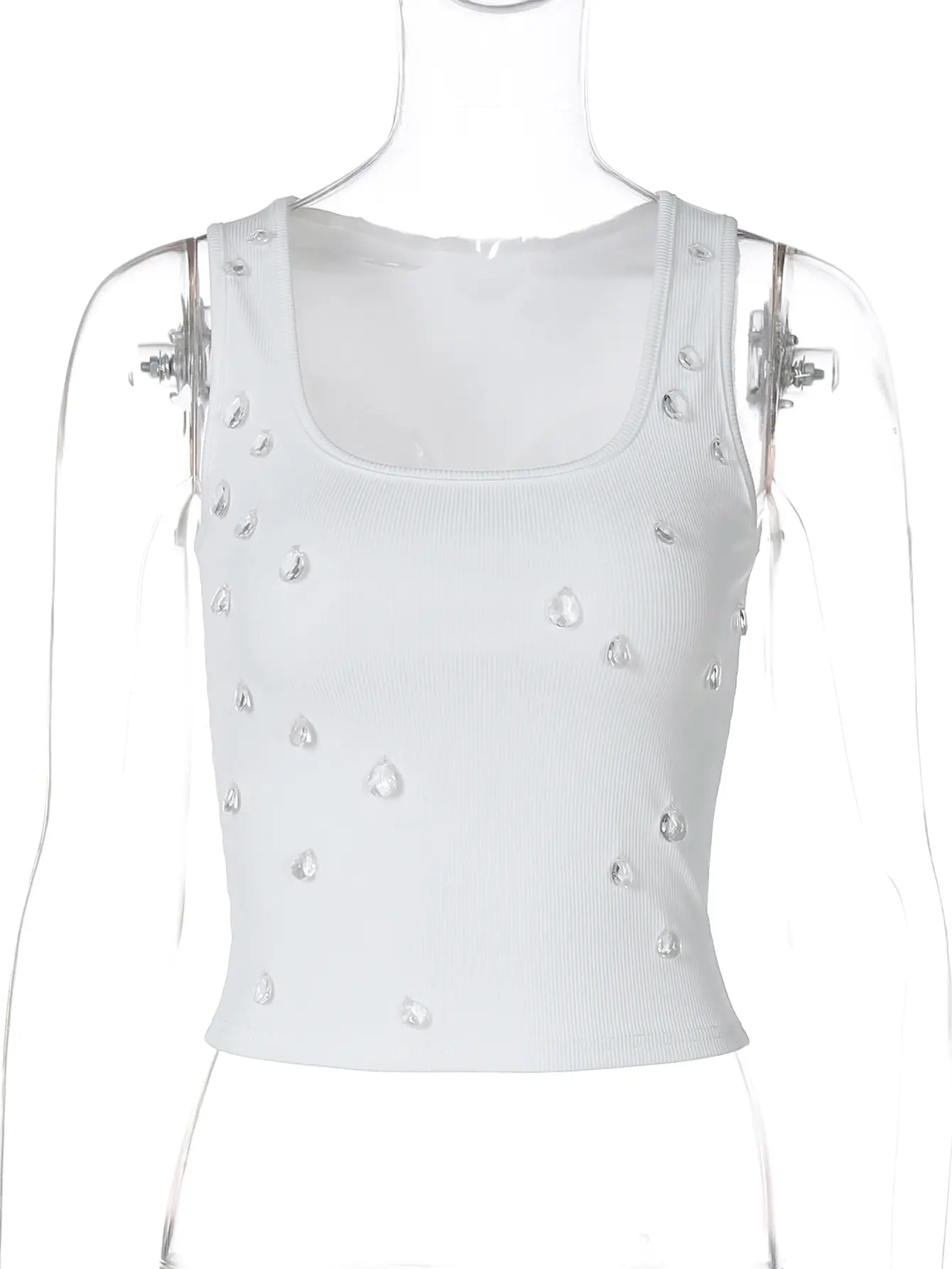 Hugcitar Fashion Crystal Solid Square Collar Sexy Slim Crop Tank Top Summer Spring Women Y2K Clothes Streetwear Party Vacation