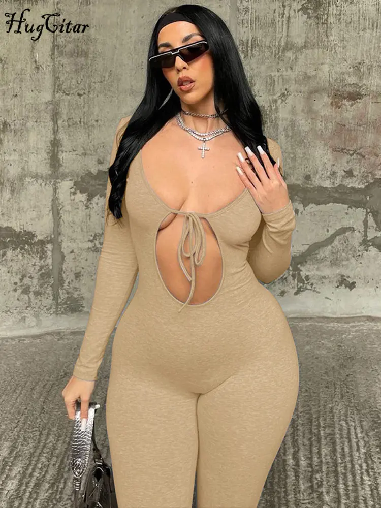 Hugcitar Fall Solid V Neck Long Sleeve Hollow Out Lace Up Sexy Bodycon Jumpsuit Women Fashion Streetwear Sport Romper Overalls