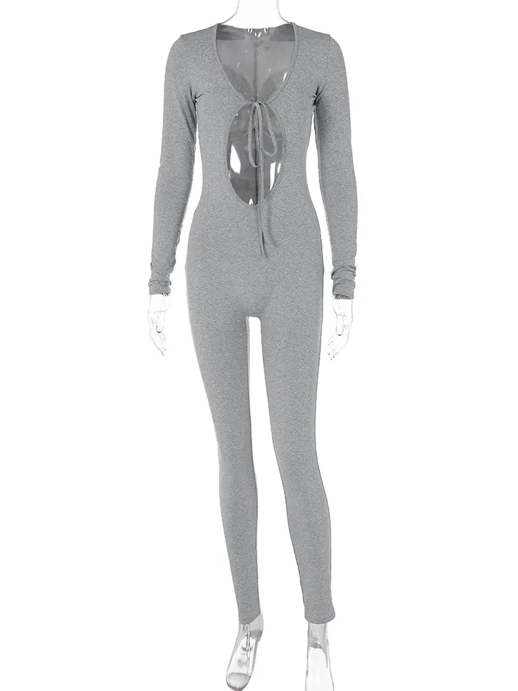 Hugcitar Fall Solid V Neck Long Sleeve Hollow Out Lace Up Sexy Bodycon Jumpsuit Women Fashion Streetwear Sport Romper Overalls