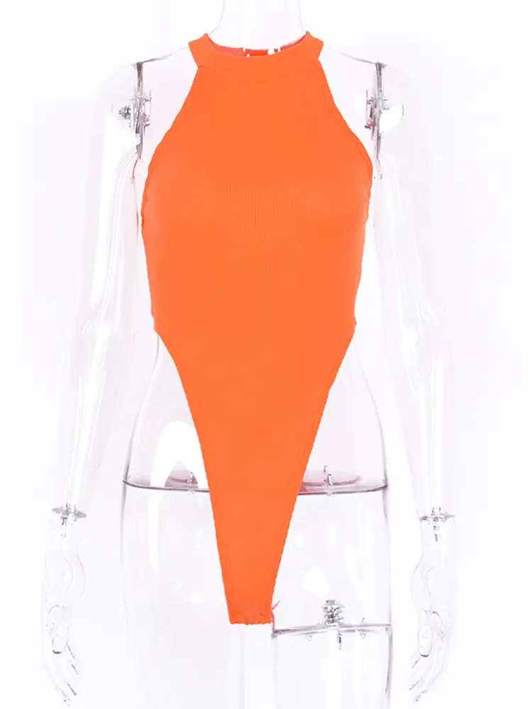 Hugcitar Solid Sleeveless Ribbed Thong Bodysuit Neon Rompers For Women 2025 Summer One Piece Sexy Streetwear Clothes