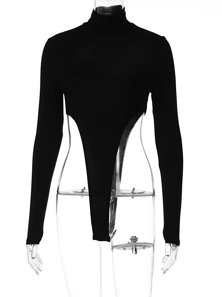 Hugcitar Black Turtleneck Long Sleeve Hollow Out Sexy See Through Skinny Bodysuit 2023 Summer Women Party Nightclub Biker Romper
