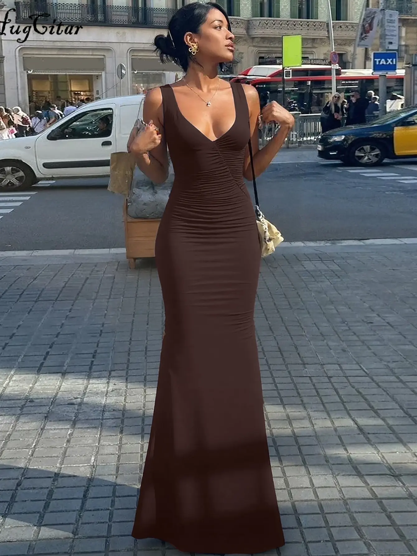 Hugcitar Elegant Deep V Neck Straps Ruched Sexy Solid Maxi Prom Dress Summer Women Fashion Y2K Outfit Birthday Party Festival