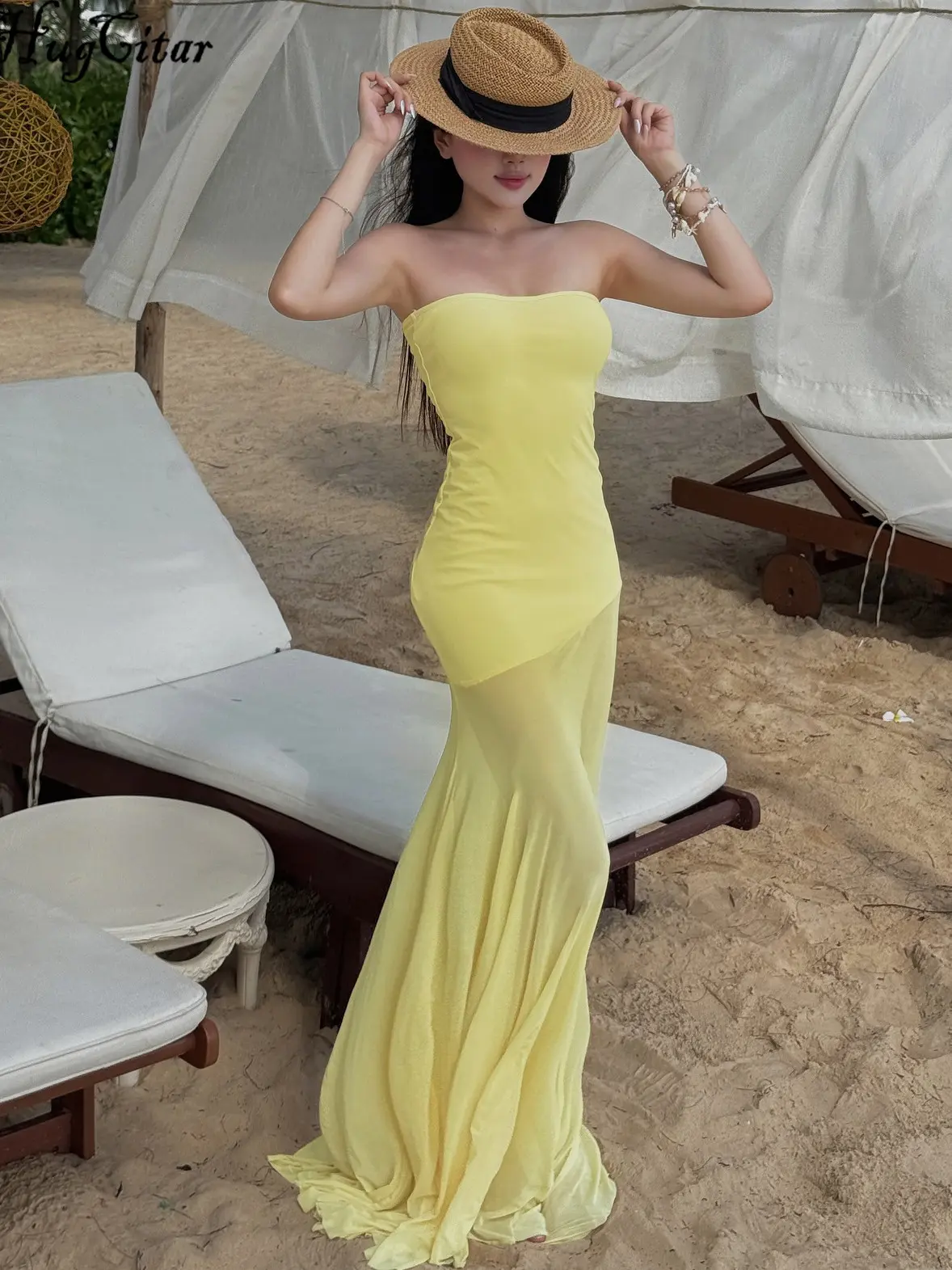 Hugcitar Elegant Strapless Sexy Solid Patchwork Lace See Through Y2K Maxi Dress 2025 Summer Women Beach Vacation Clothes Party